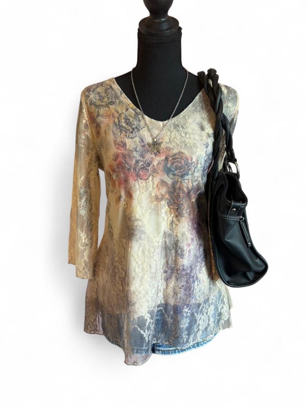 Vintage Brittany Black Women’s Floral Lace Overlay Long Sleeve Blouse, Size S/M
